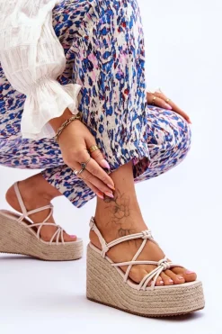 Modne Sandały Na Koturnie Z Plecionką Beżowe Nessia