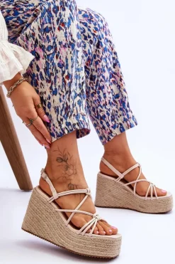 Modne Sandały Na Koturnie Z Plecionką Beżowe Nessia