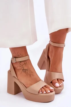 Modne Sandały Na Masywnym Obcasie Beżowe Karmine