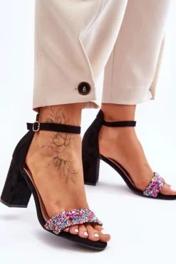 Modne Sandały Na Obcasie Z Ozdobnymi Kamieniami Czarne Love Me