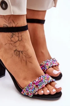 Modne Sandały Na Obcasie Z Ozdobnymi Kamieniami Czarne Love Me