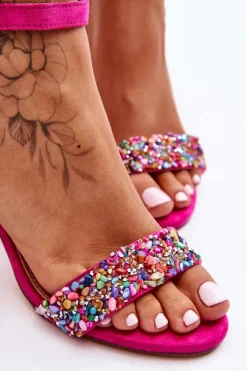 Modne Sandały Na Obcasie Z Ozdobnymi Kamieniami Fuksja Love Me
