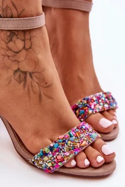 Modne Sandały Na Obcasie Z Ozdobnymi Kamieniami Beżowe Love Me