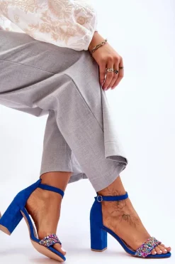 Modne Sandały Na Obcasie Z Ozdobnymi Kamieniami Niebieskie Love Me