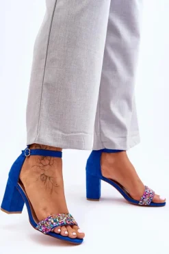 Modne Sandały Na Obcasie Z Ozdobnymi Kamieniami Niebieskie Love Me