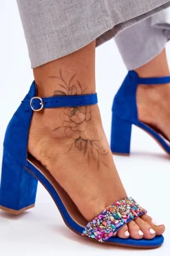 Modne Sandały Na Obcasie Z Ozdobnymi Kamieniami Niebieskie Love Me