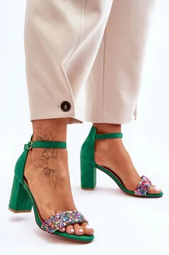 Modne Sandały Na Obcasie Z Ozdobnymi Kamieniami Zielone Love Me