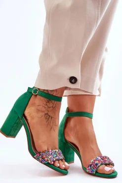 Modne Sandały Na Obcasie Z Ozdobnymi Kamieniami Zielone Love Me