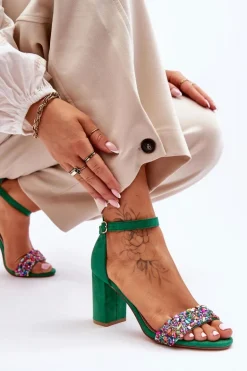 Modne Sandały Na Obcasie Z Ozdobnymi Kamieniami Zielone Love Me