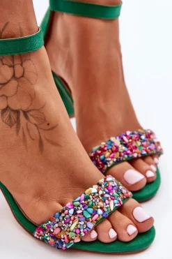 Modne Sandały Na Obcasie Z Ozdobnymi Kamieniami Zielone Love Me