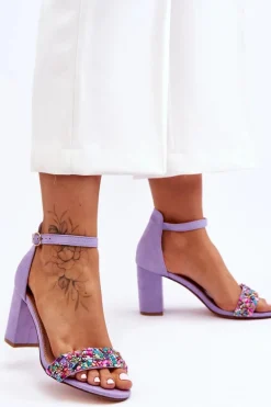Modne Sandały Na Obcasie Z Ozdobnymi Kamieniami Fioletowe Love Me