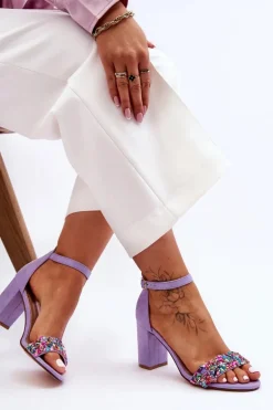 Modne Sandały Na Obcasie Z Ozdobnymi Kamieniami Fioletowe Love Me