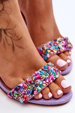 Modne Sandały Na Obcasie Z Ozdobnymi Kamieniami Fioletowe Love Me