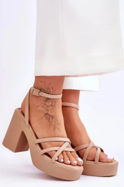 Modne Sandały Na Obcasie Z Paseczkami Beżowe Shemira