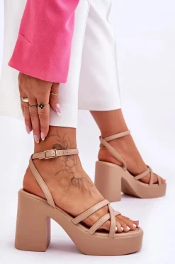Modne Sandały Na Obcasie Z Paseczkami Beżowe Shemira