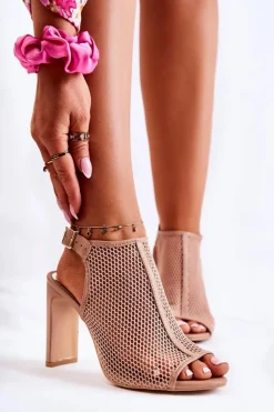 Modne Sandały Na Słupku Na Sprzączkę Beżowe Semira