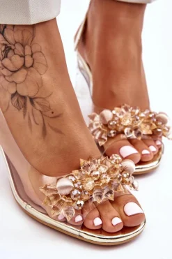 Modne Sandały Z Koralikami Złote Terrance