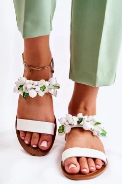 Modne Sandały Z Koralikami Białe Hally