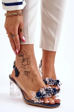 Modne Sandały Z Koralikami Granatowe Terrance