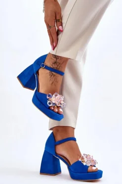 Modne Sandały Z Kryształami Na Masywnym Obcasie Niebieskie Garrett