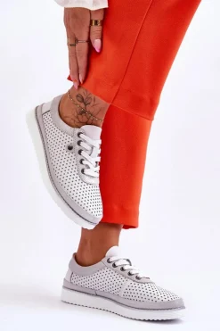 Modne Skórzane Ażurowe Buty Sportowe Biało-Srebrne Cantare