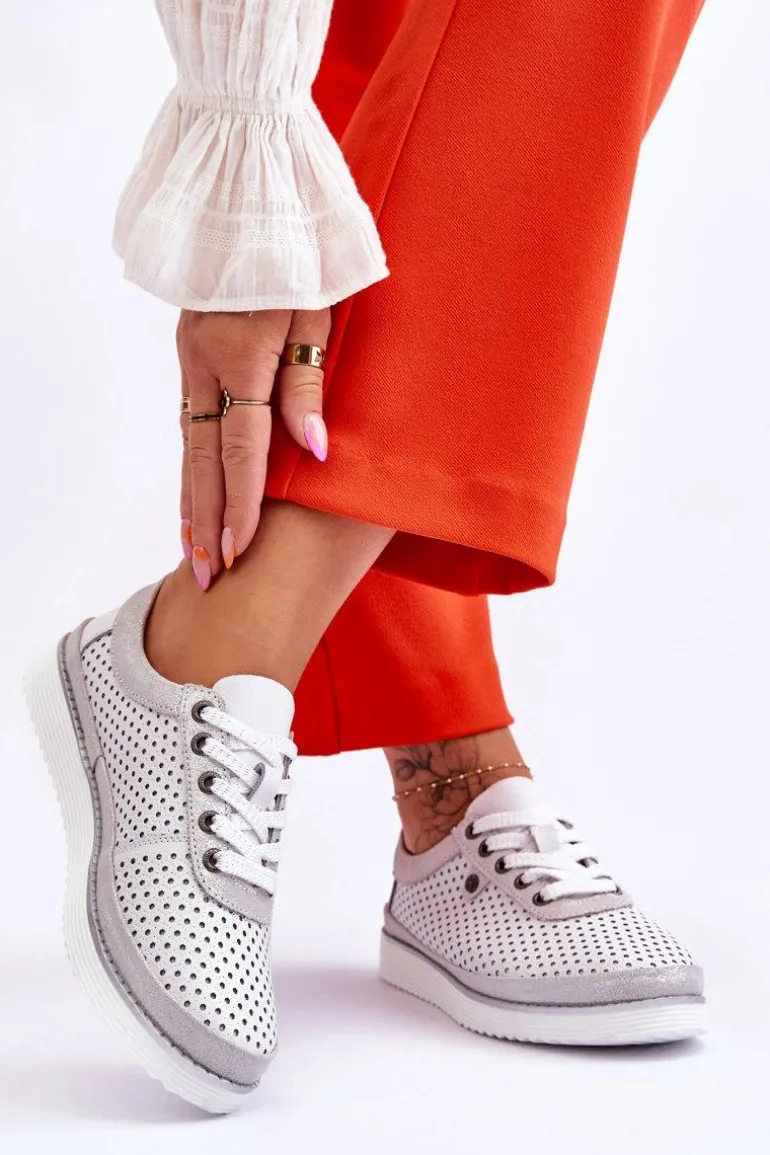 Modne Skórzane Ażurowe Buty Sportowe Biało-Srebrne Cantare