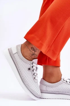 Modne Skórzane Ażurowe Buty Sportowe Biało-Srebrne Cantare