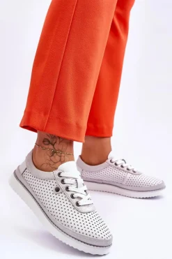 Modne Skórzane Ażurowe Buty Sportowe Biało-Srebrne Cantare