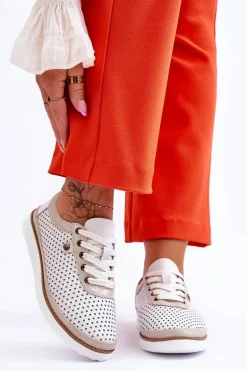 Modne Skórzane Ażurowe Buty Sportowe Biało-Złote Cantare