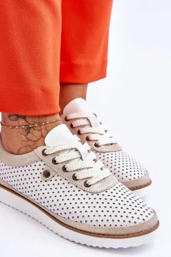 Modne Skórzane Ażurowe Buty Sportowe Biało-Złote Cantare