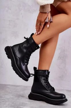 Modne Skórzane Botki Glany Czarne Casso