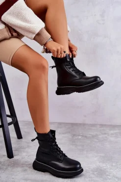 Modne Skórzane Botki Glany Czarne Casso