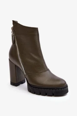 Modne Skórzane Botki Na Obcasie Laura Messi 2509 Ciemnozielone