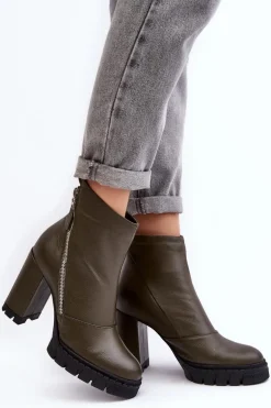 Modne Skórzane Botki Na Obcasie Laura Messi 2509 Ciemnozielone