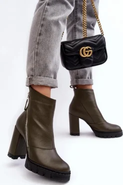 Modne Skórzane Botki Na Obcasie Laura Messi 2509 Ciemnozielone
