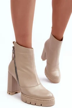 Modne Skórzane Botki Na Obcasie Laura Messi 2509 Jasnobeżowe