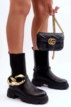 Modne Skórzane Botki Sztyblety z Łańcuchem Czarne Kambiz