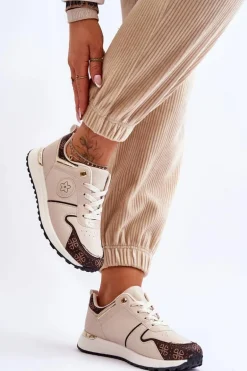 Modne Skórzane Buty Sportowe Beżowo-Brązowe Rachel