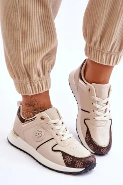 Modne Skórzane Buty Sportowe Beżowo-Brązowe Rachel