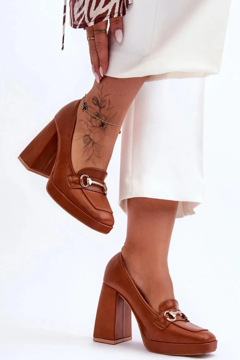 Modne Skórzane Czółenka Camel Rouse