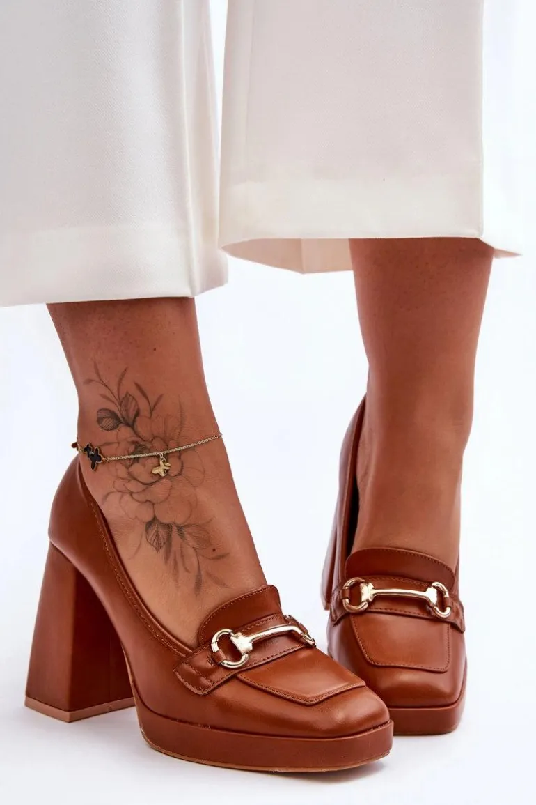 Modne Skórzane Czółenka Camel Rouse