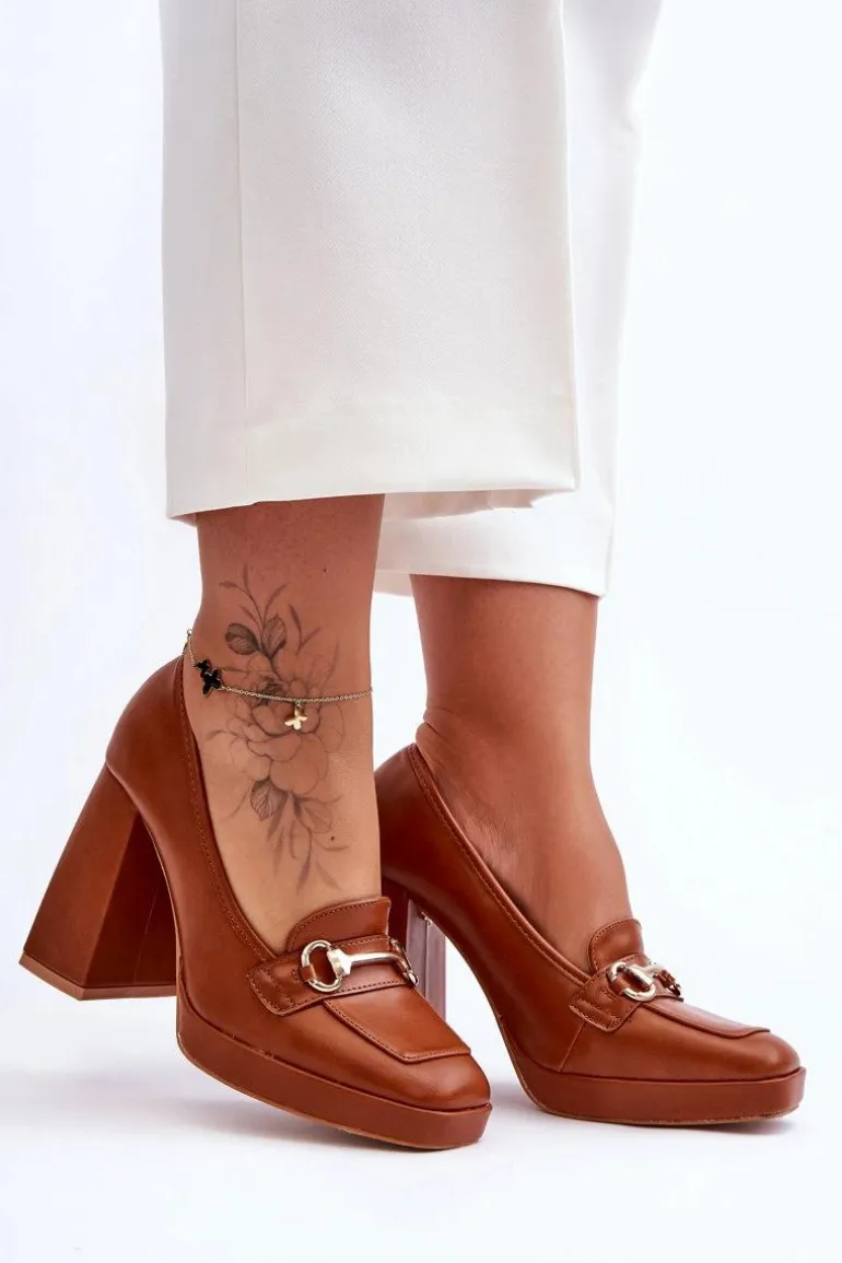 Modne Skórzane Czółenka Camel Rouse