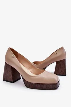 Modne Skórzane Czółenka Laura Messi 2599 Beżowe