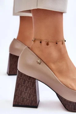 Modne Skórzane Czółenka Laura Messi 2599 Beżowe