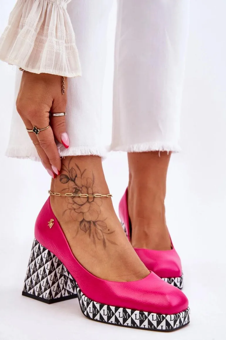 Modne Skórzane Czółenka Laura Messi 2599 Fuksja