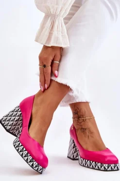 Modne Skórzane Czółenka Laura Messi 2599 Fuksja