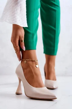 Modne Skórzane Czółenka Lewski Shoes 3181 Beżowe