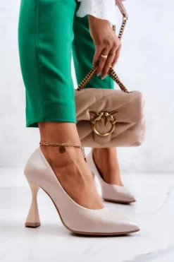 Modne Skórzane Czółenka Lewski Shoes 3181 Beżowe