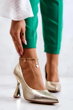 Modne Skórzane Czółenka Lewski Shoes 3181 Złote