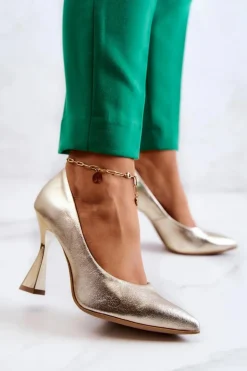 Modne Skórzane Czółenka Lewski Shoes 3181 Złote